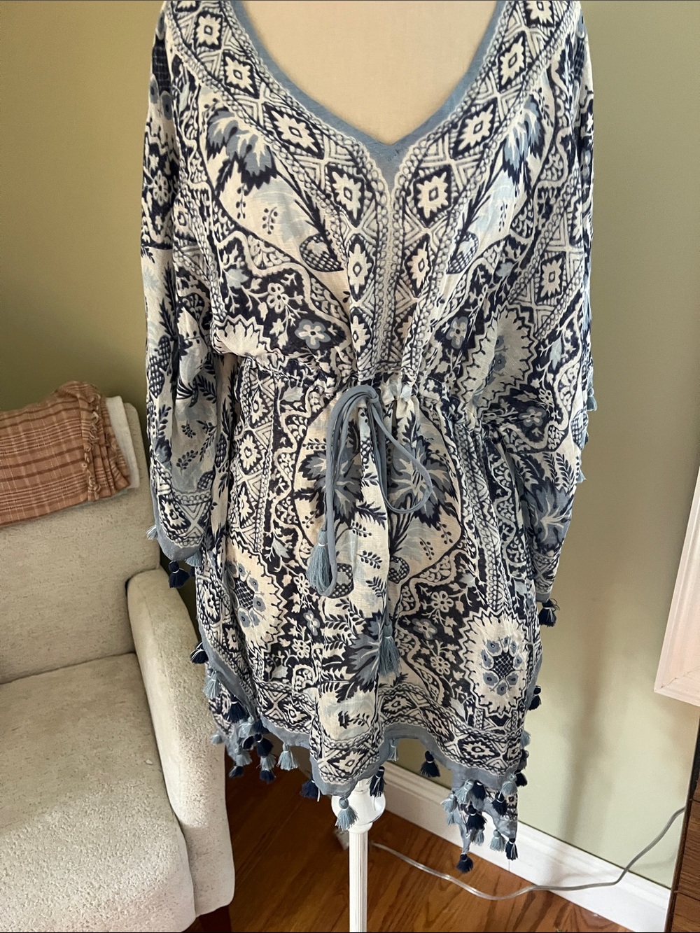Spartina 449 Blue and White Palm Tree Boho Tie-Waist Tassel Coverup Dress small